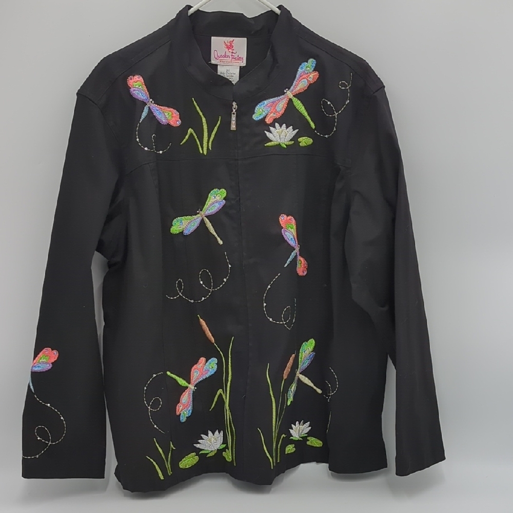 Quacker Factory Dragonfly Embroidered Jacket 2X Black Zip Up Beaded Whimsical